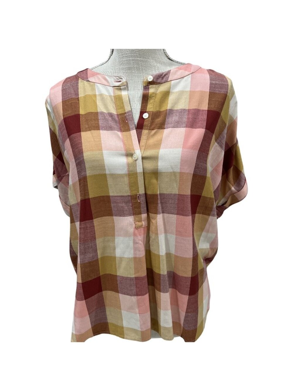 Loft Plaid Pink/Yellow/Red Short Sleeve Button-Front Blouse Size S